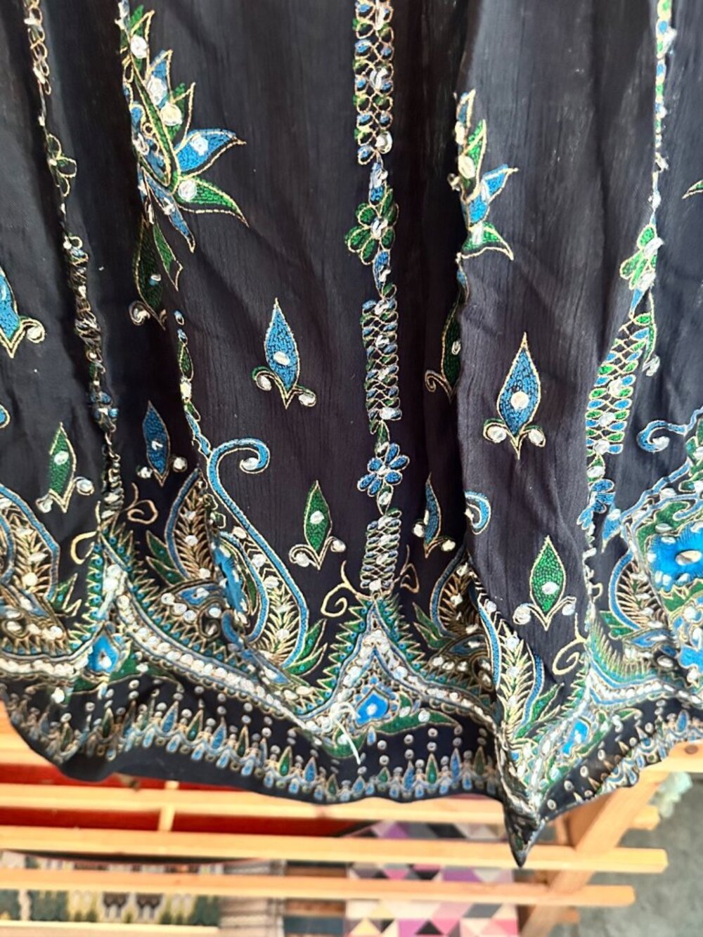 Black Embroidered Maxi Skirt With Blue & Green Floral Design Elastic Waist Draws - Picture 5 of 6